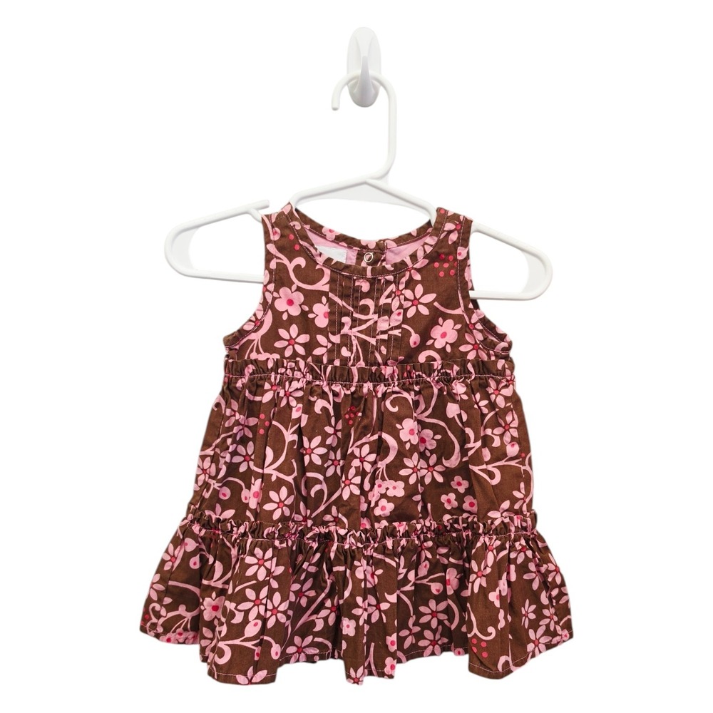 Baby Gap Girls 0-3M Brown Pink Floral Ruffle Tiered Sleeveless Dress